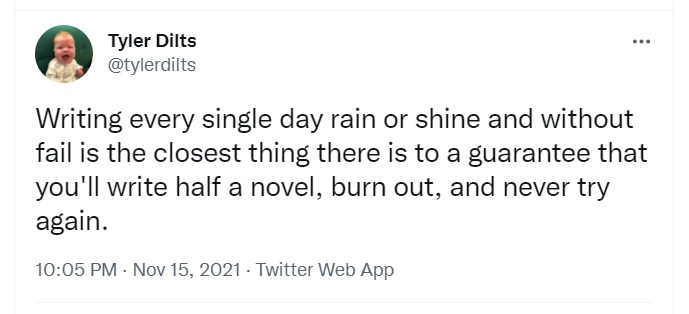 Tweet by author Tyler Dilts @tylerdilts on November 15, 2021, that reads: Writing every single day rain or shine and without fail is the closest thing there is to a guarantee that you'll write half a novel, burn out, and never try again.